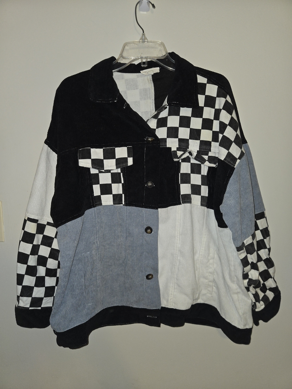 ADORA Checkerboard Colorblock Jean Jacket - Black, White & Light Blue Size Large - Picture 2 of 4